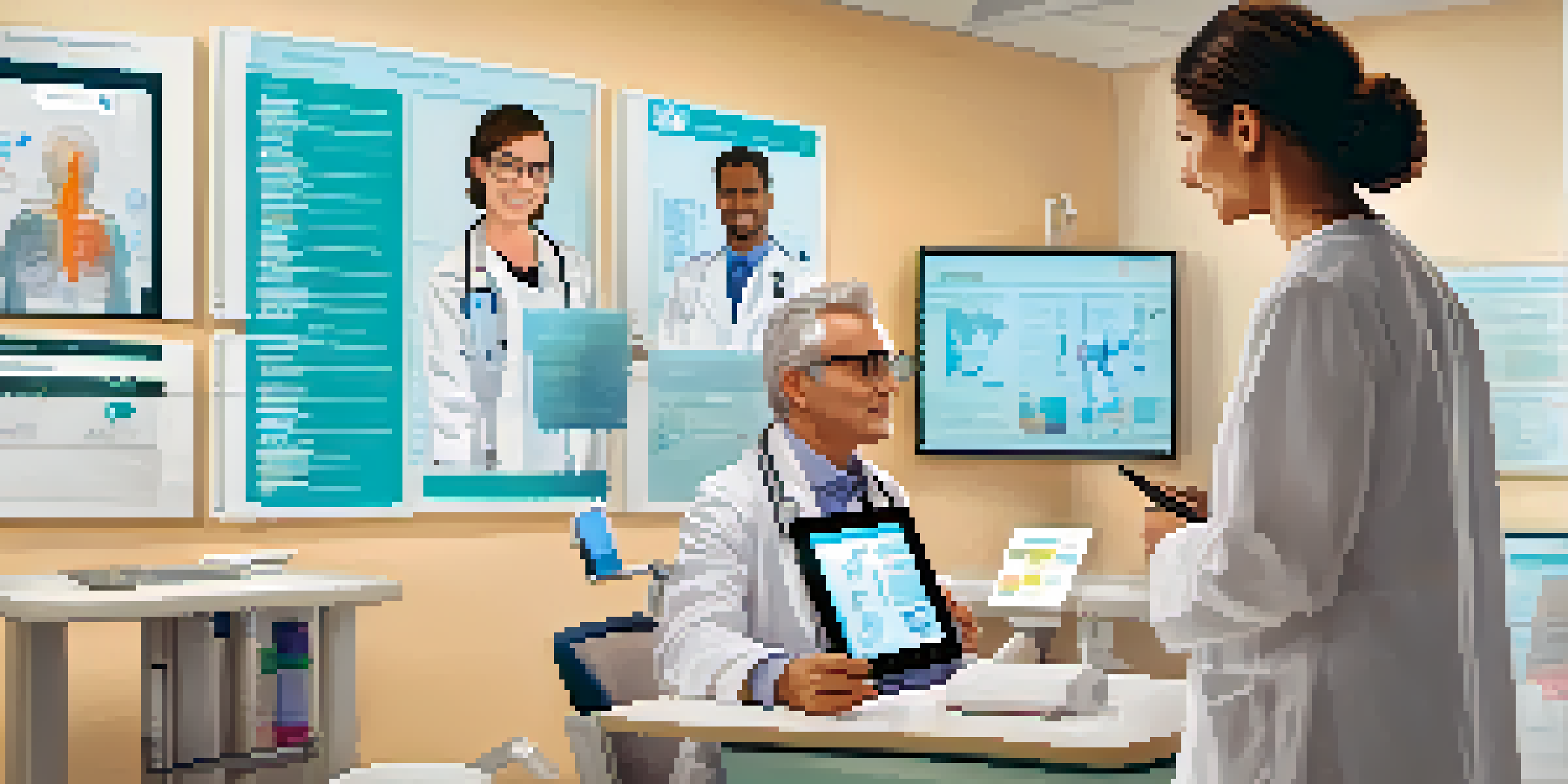 A doctor and a patient discussing health records on a digital tablet in a bright healthcare setting.