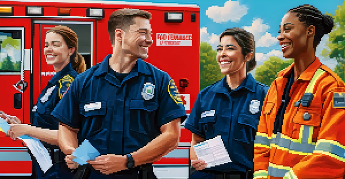 A diverse group of emergency responders proudly displaying their vaccination cards in front of an ambulance on a sunny day.
