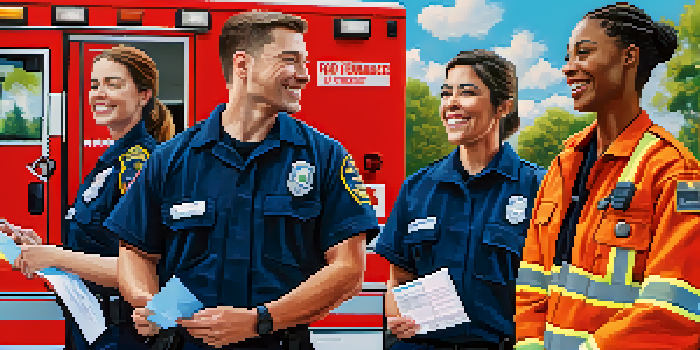 A diverse group of emergency responders proudly displaying their vaccination cards in front of an ambulance on a sunny day.