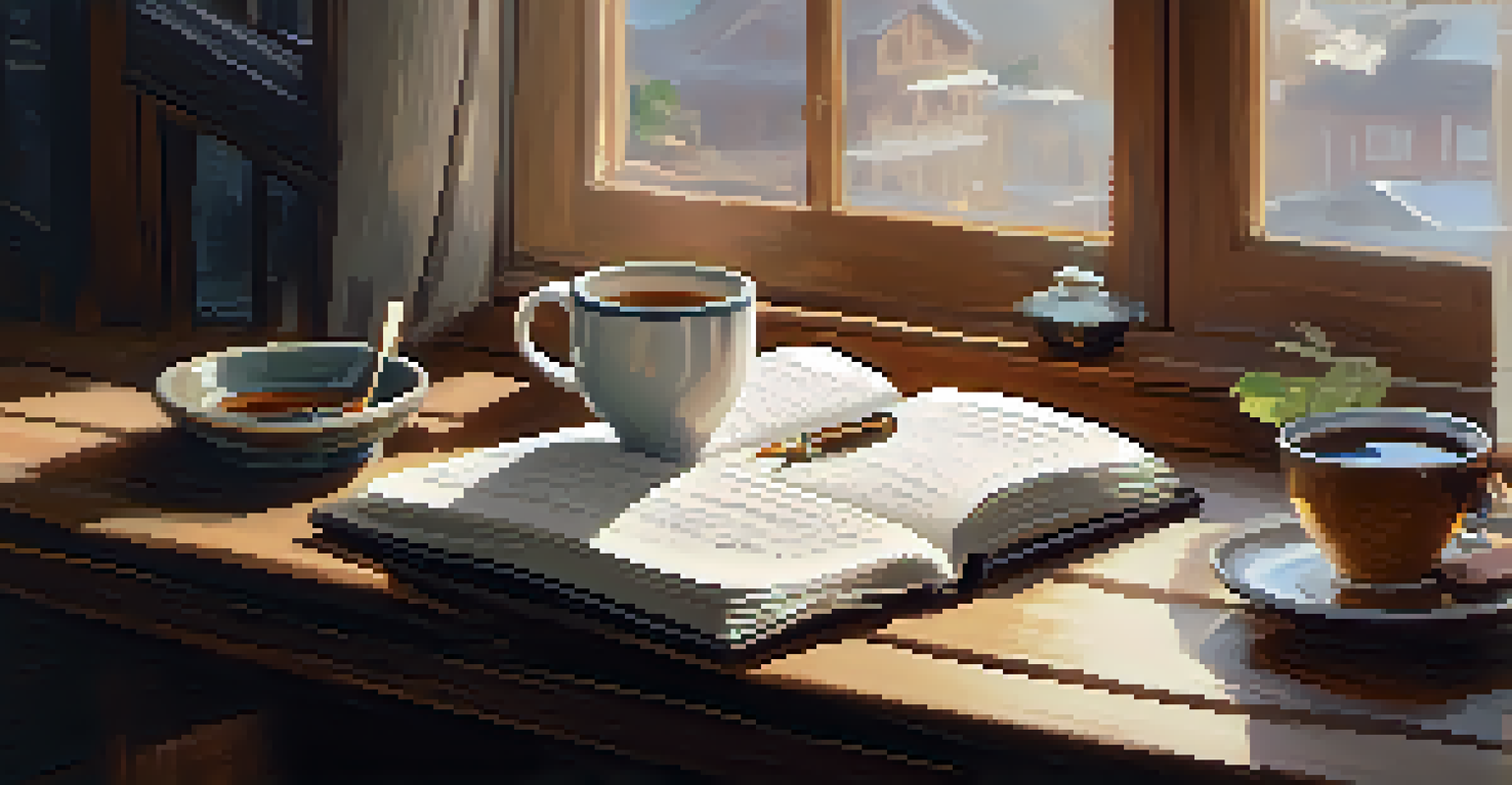 A person journaling at a desk with a cup of tea, surrounded by warm light and personal reflections, symbolizing self-compassion.