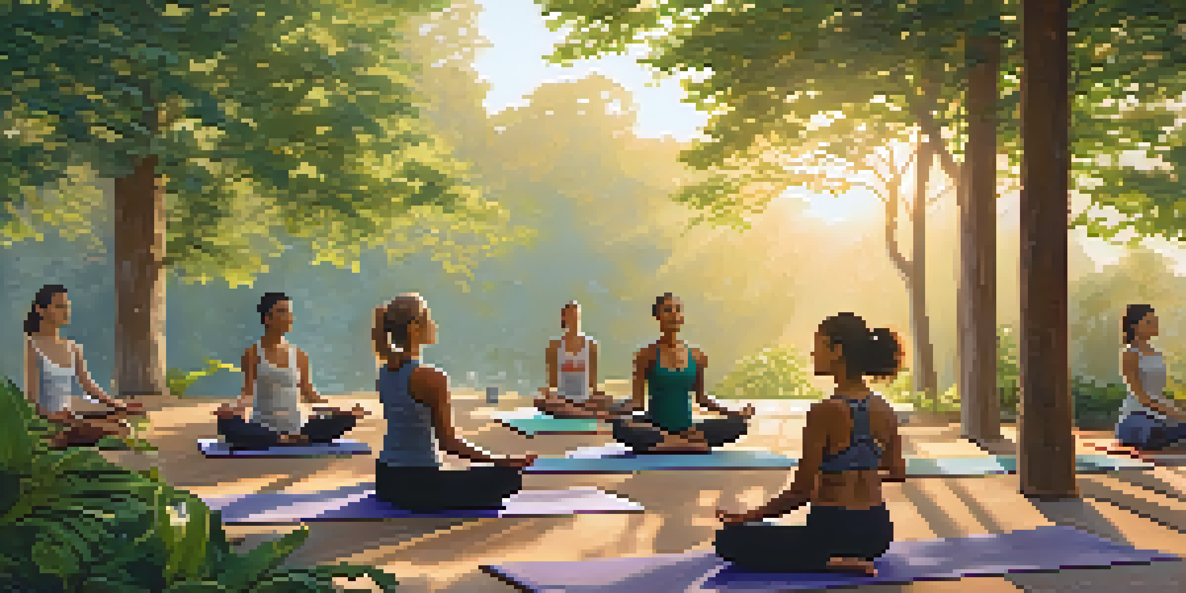 A diverse group of people practicing yoga outdoors at sunrise, surrounded by lush greenery and soft morning light.