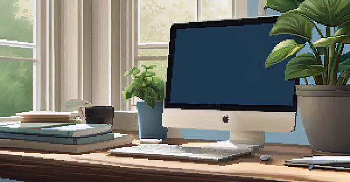 A home office with a clean desk, laptop, planner, coffee cup, and a potted plant, illuminated by soft morning sunlight.