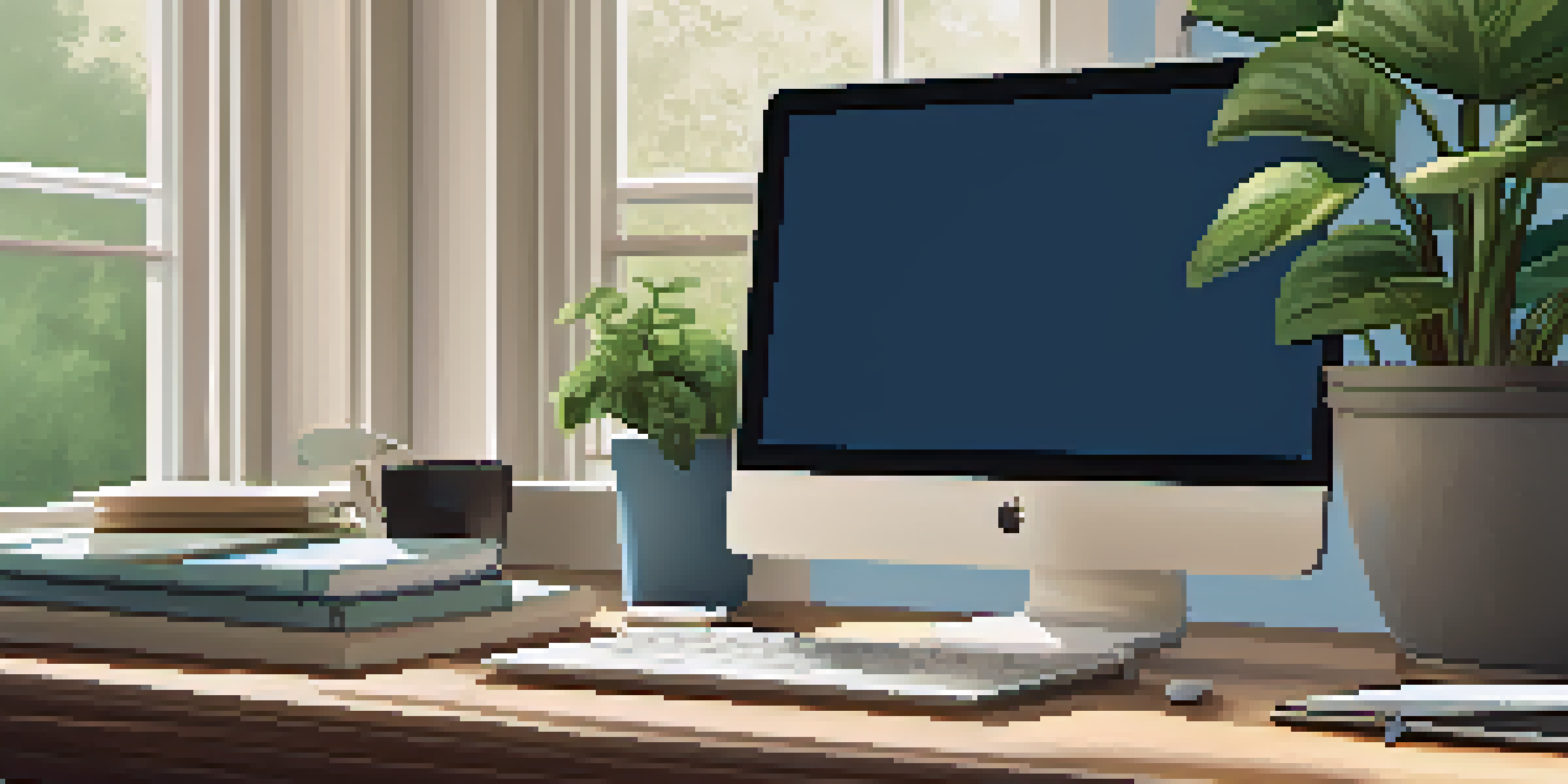 A home office with a clean desk, laptop, planner, coffee cup, and a potted plant, illuminated by soft morning sunlight.