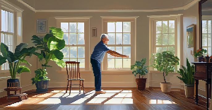 An older adult practicing balance exercises indoors, standing on one leg next to a chair with sunlight filtering in through the window.