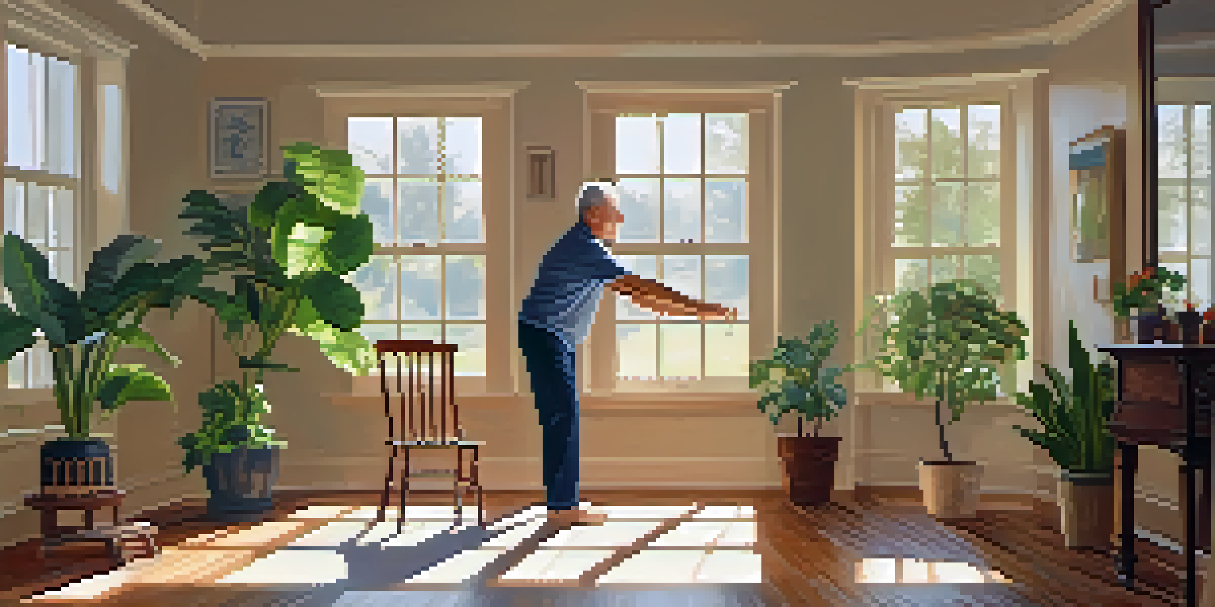 An older adult practicing balance exercises indoors, standing on one leg next to a chair with sunlight filtering in through the window.