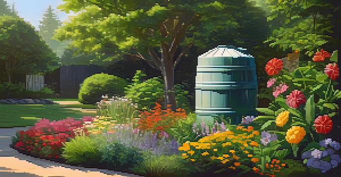 A peaceful garden with a rainwater harvesting system, showcasing a clear barrel collecting rainwater amidst colorful flowers and greenery, illuminated by soft sunlight.