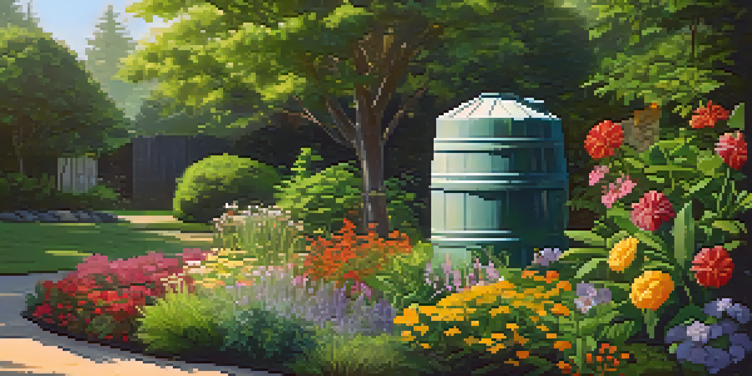 A peaceful garden with a rainwater harvesting system, showcasing a clear barrel collecting rainwater amidst colorful flowers and greenery, illuminated by soft sunlight.