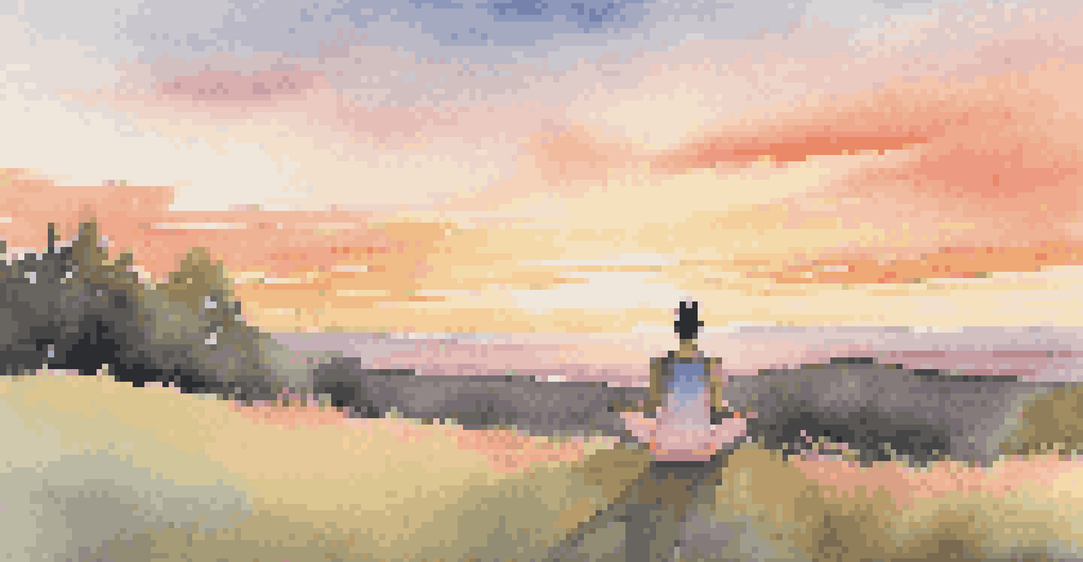 A person practicing yoga on a grassy hill at sunset, with a colorful sky, representing tranquility and self-care in a natural setting.