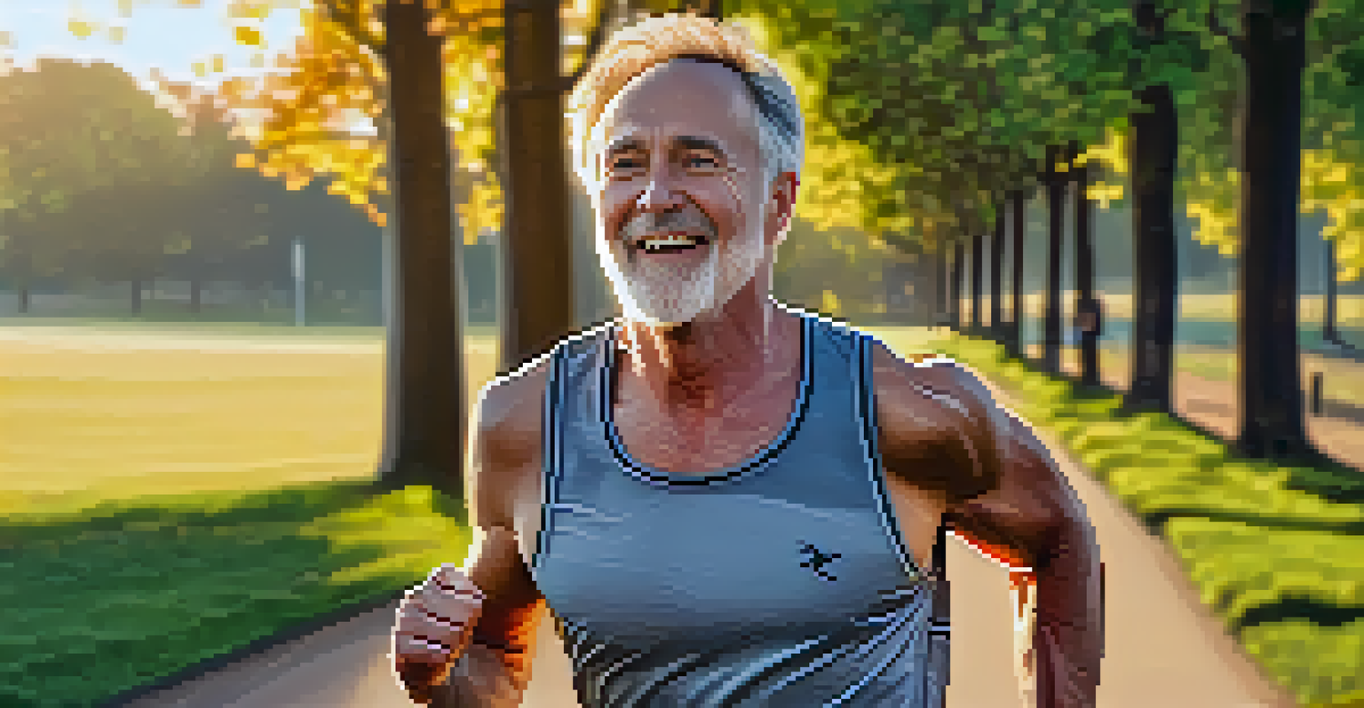 A middle-aged man jogging in a park during sunset, wearing bright athletic clothing, surrounded by trees and a warm golden light.