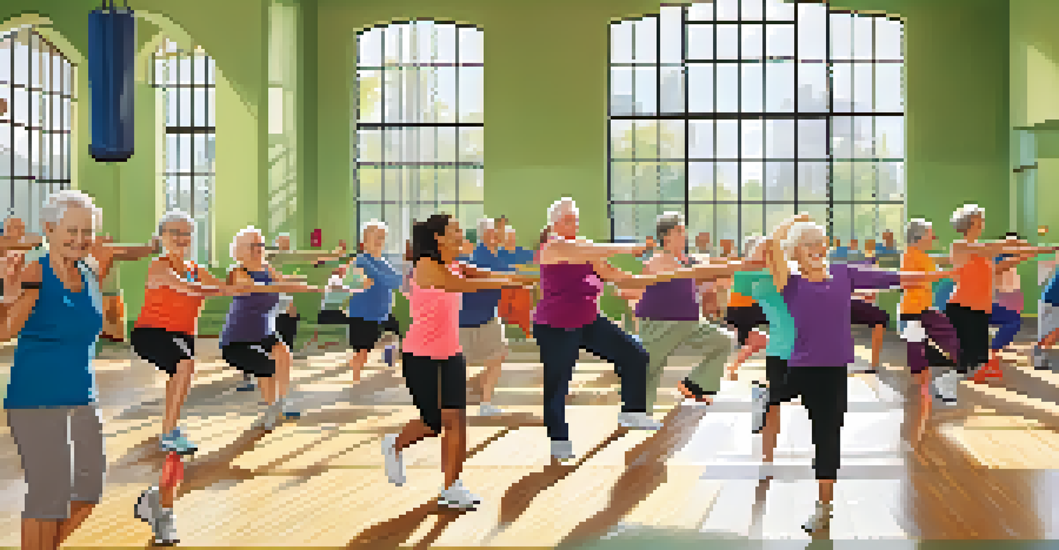 Seniors participating in a lively fitness class in a bright gym, engaging in exercises.