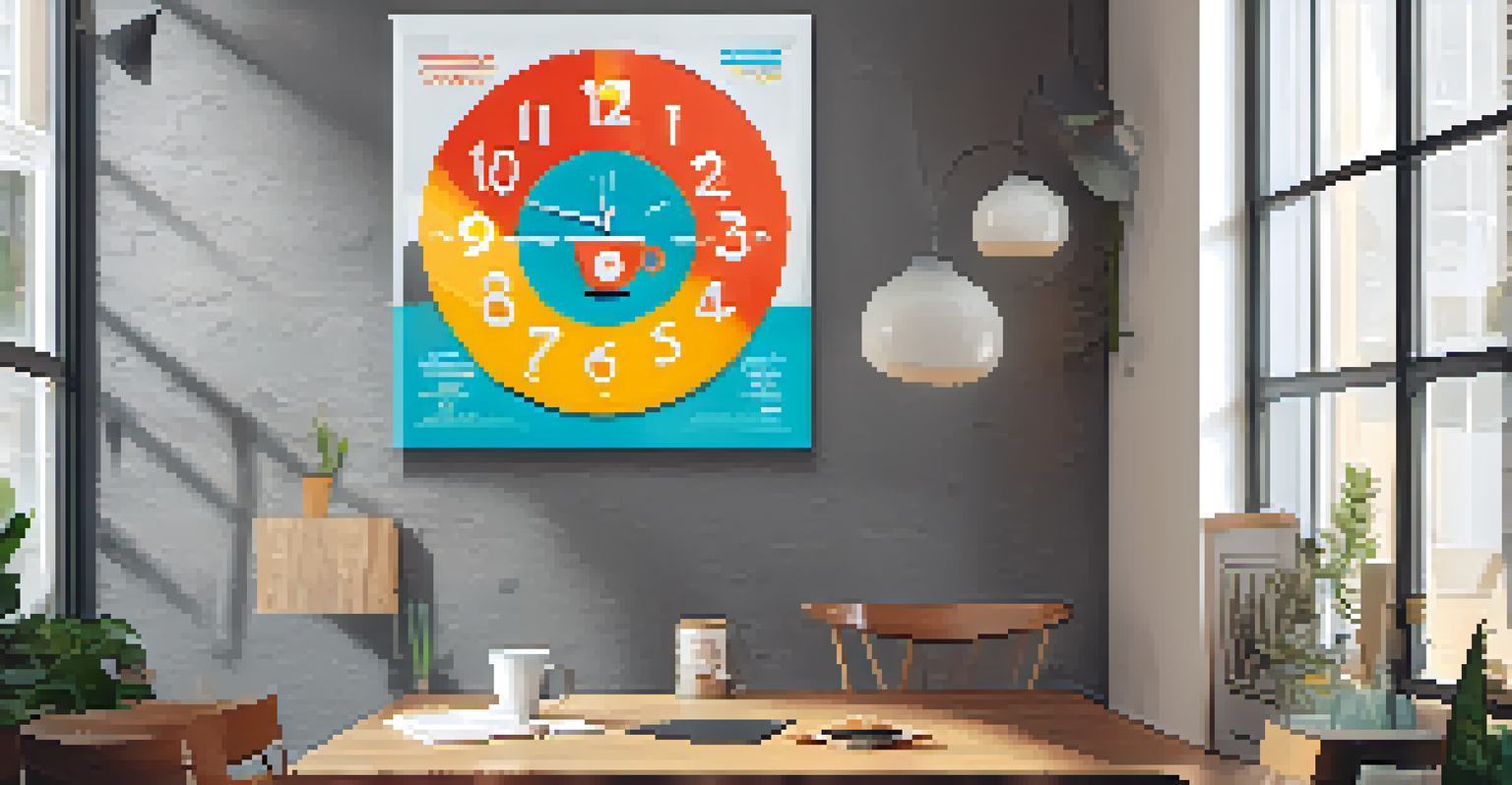 A motivational poster illustrating 'No Meeting Wednesdays' with graphics of relaxation icons and a clock.