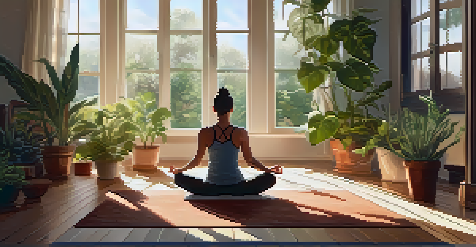 A person practicing yoga at home surrounded by plants in a peaceful setting.