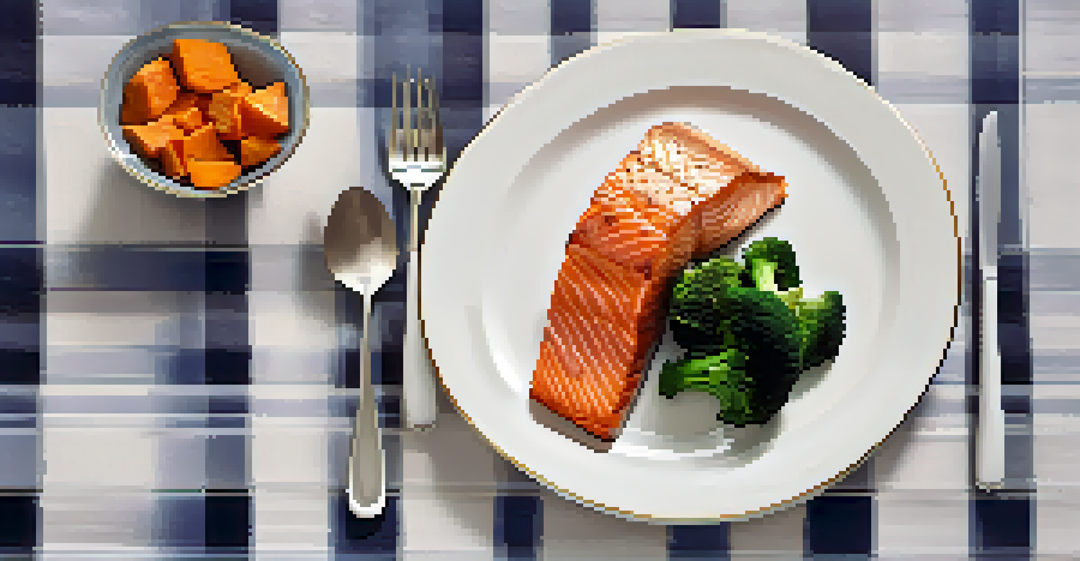 A serene dining scene with a plate of grilled salmon, sweet potato, and broccoli on a softly lit table.