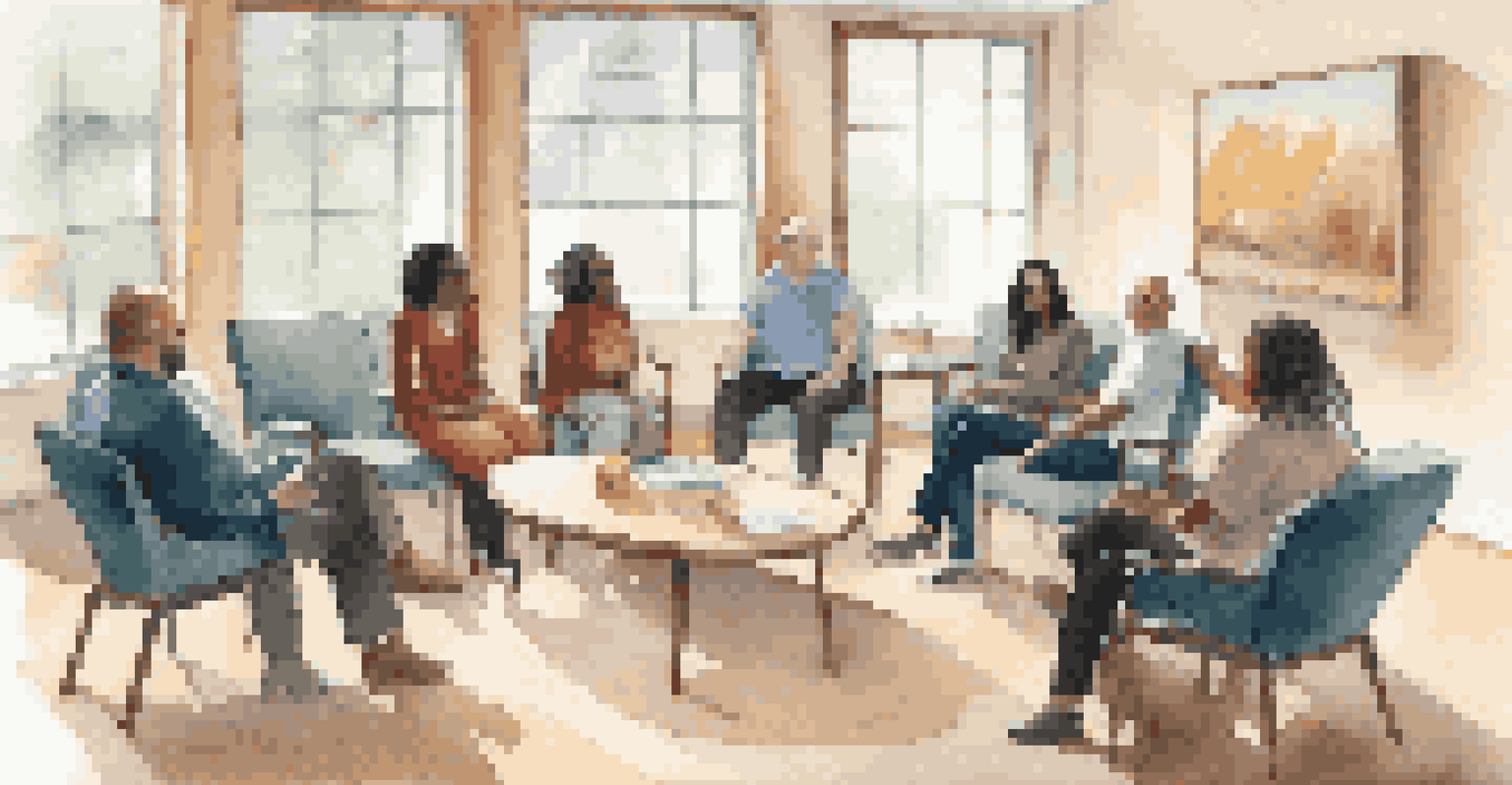 A group of diverse individuals discussing their experiences in a therapy session led by an occupational therapist.