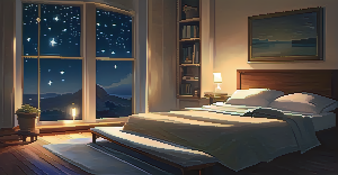 A cozy bedroom with a warm light, fluffy pillows, a book, and a cup of tea, set against a night sky with stars.