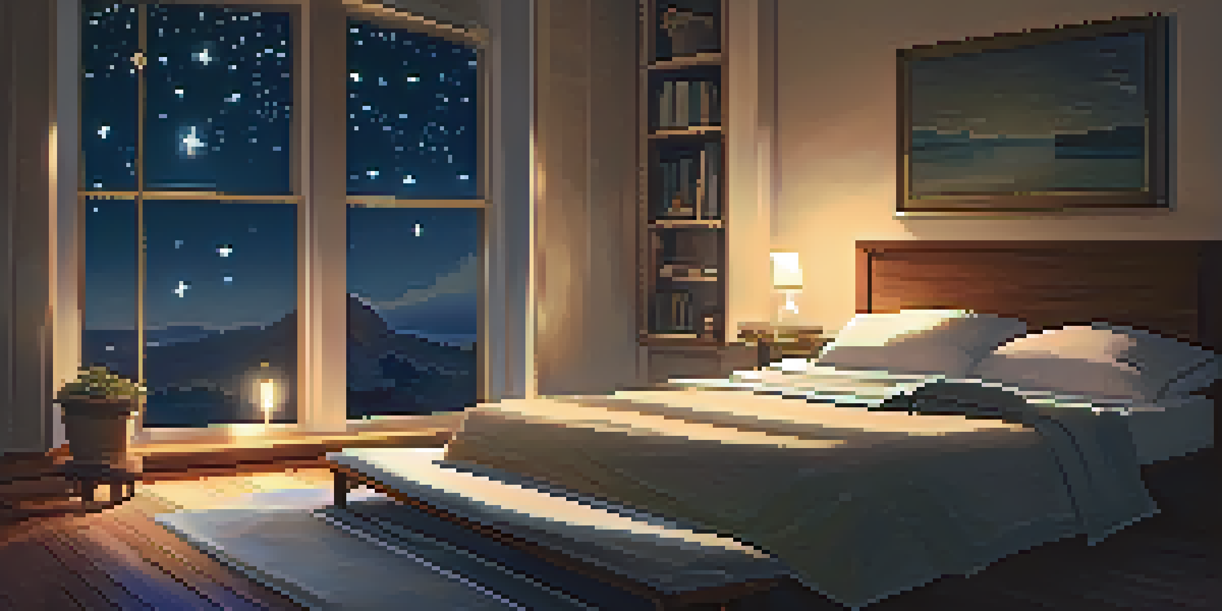 A cozy bedroom with a warm light, fluffy pillows, a book, and a cup of tea, set against a night sky with stars.