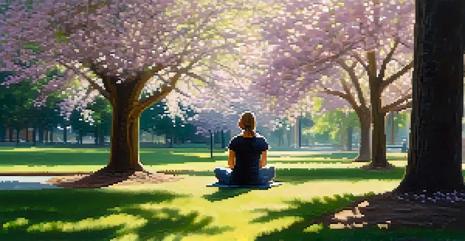 A person practicing mindful breathing in a sunlit park, surrounded by blooming flowers and trees, creating a tranquil outdoor atmosphere.