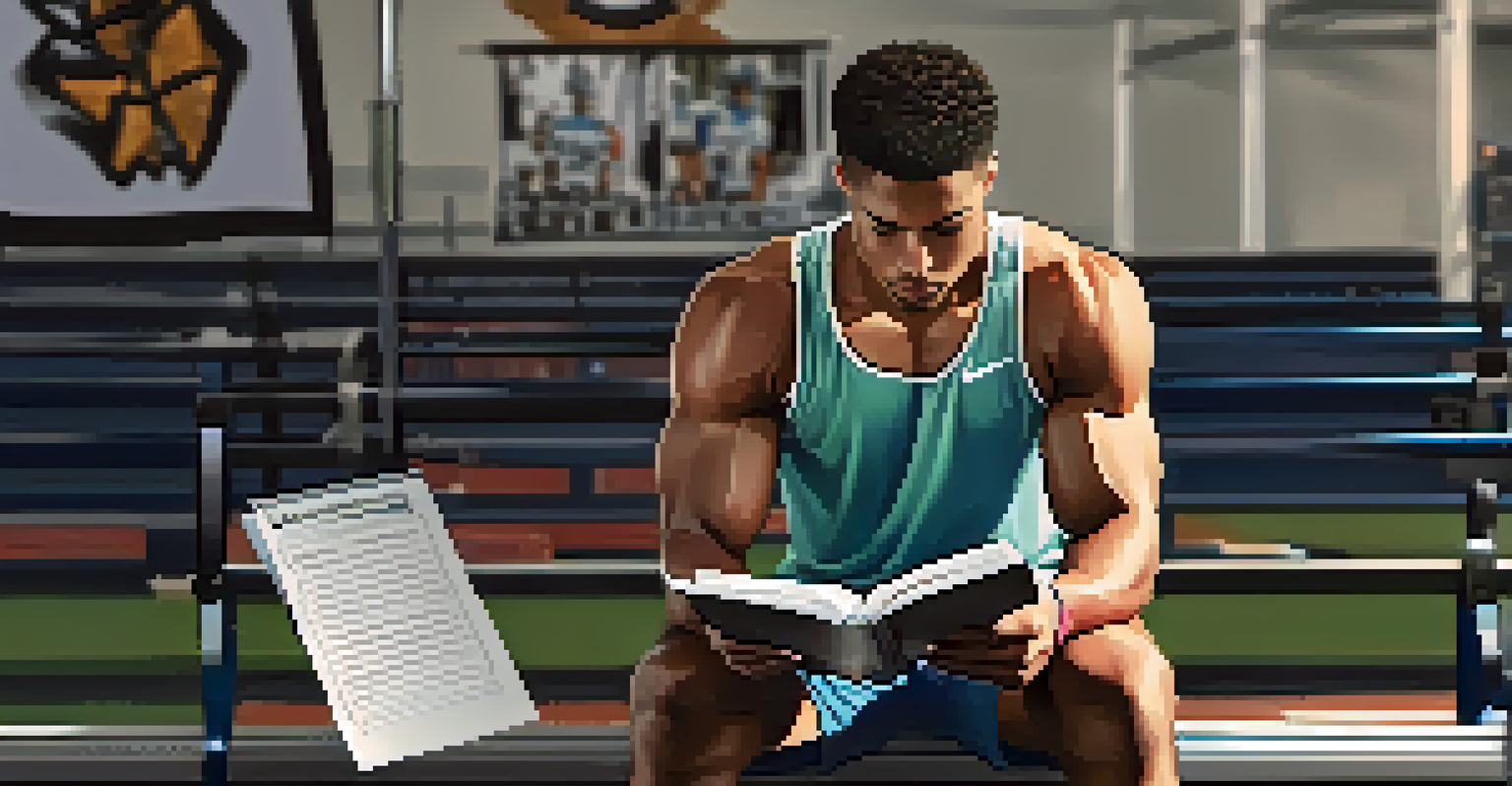 An athlete sitting on a training bench, writing down goals in a notebook, with training equipment and motivational posters in the background.