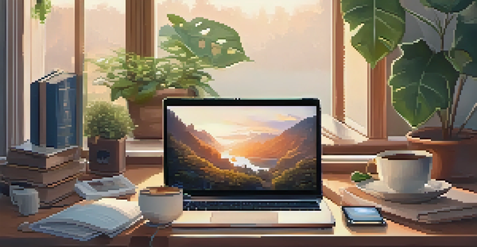 A cozy workspace with a laptop, fading social media icons, plants, a cup of tea, and a book under soft lighting.