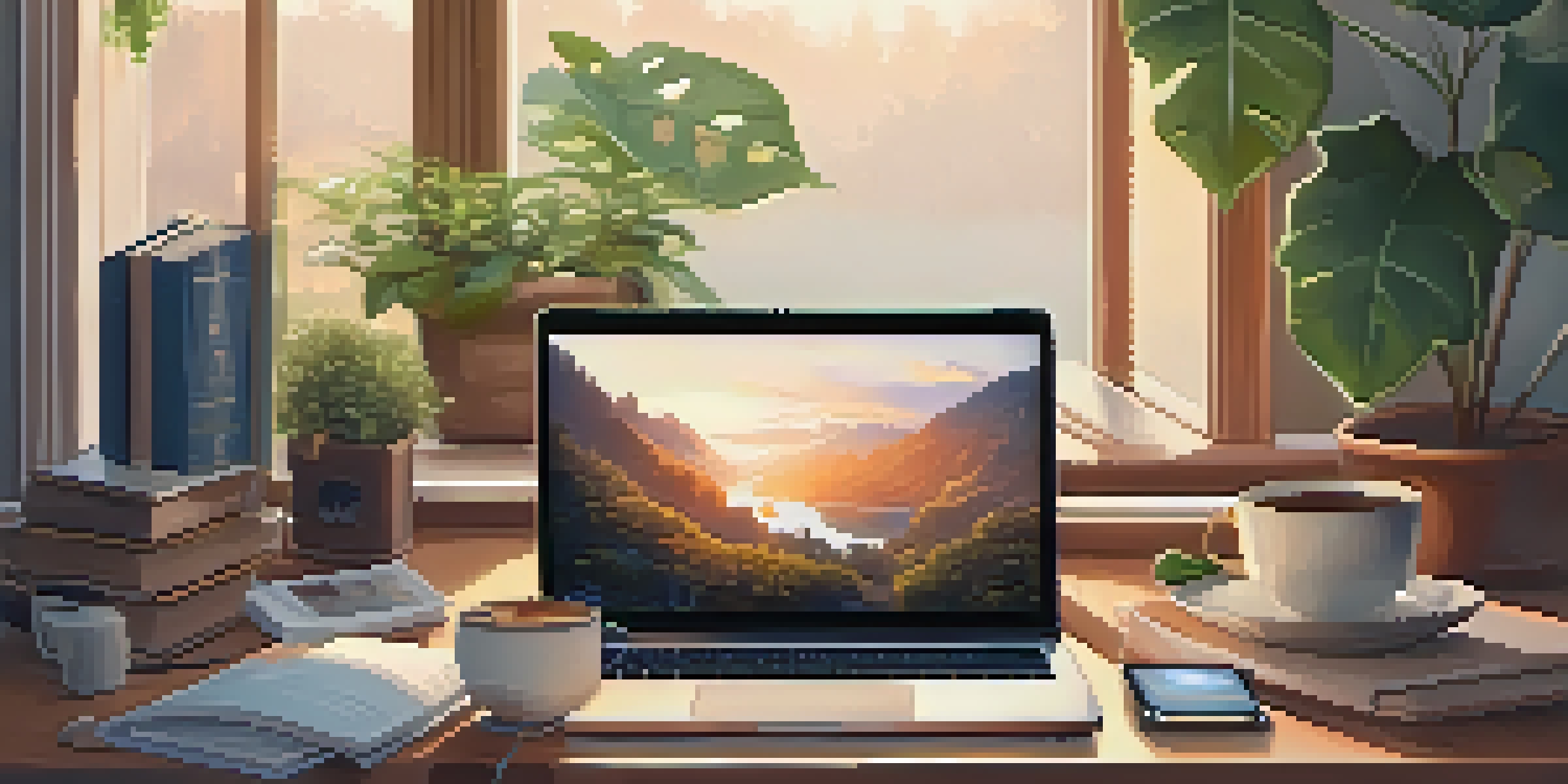 A cozy workspace with a laptop, fading social media icons, plants, a cup of tea, and a book under soft lighting.
