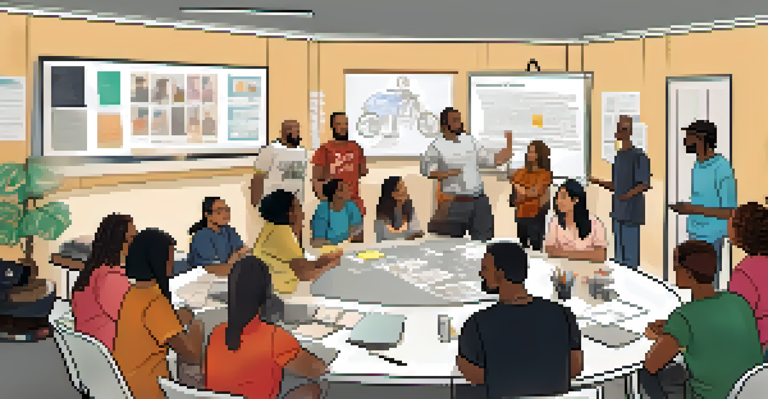 A diverse group of people in a role-playing workshop, sharing experiences and supporting each other in a bright room.