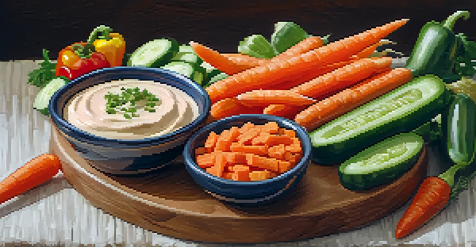 A colorful assortment of crunchy vegetable sticks with a creamy hummus dip in a rustic setting, illuminated by natural light.