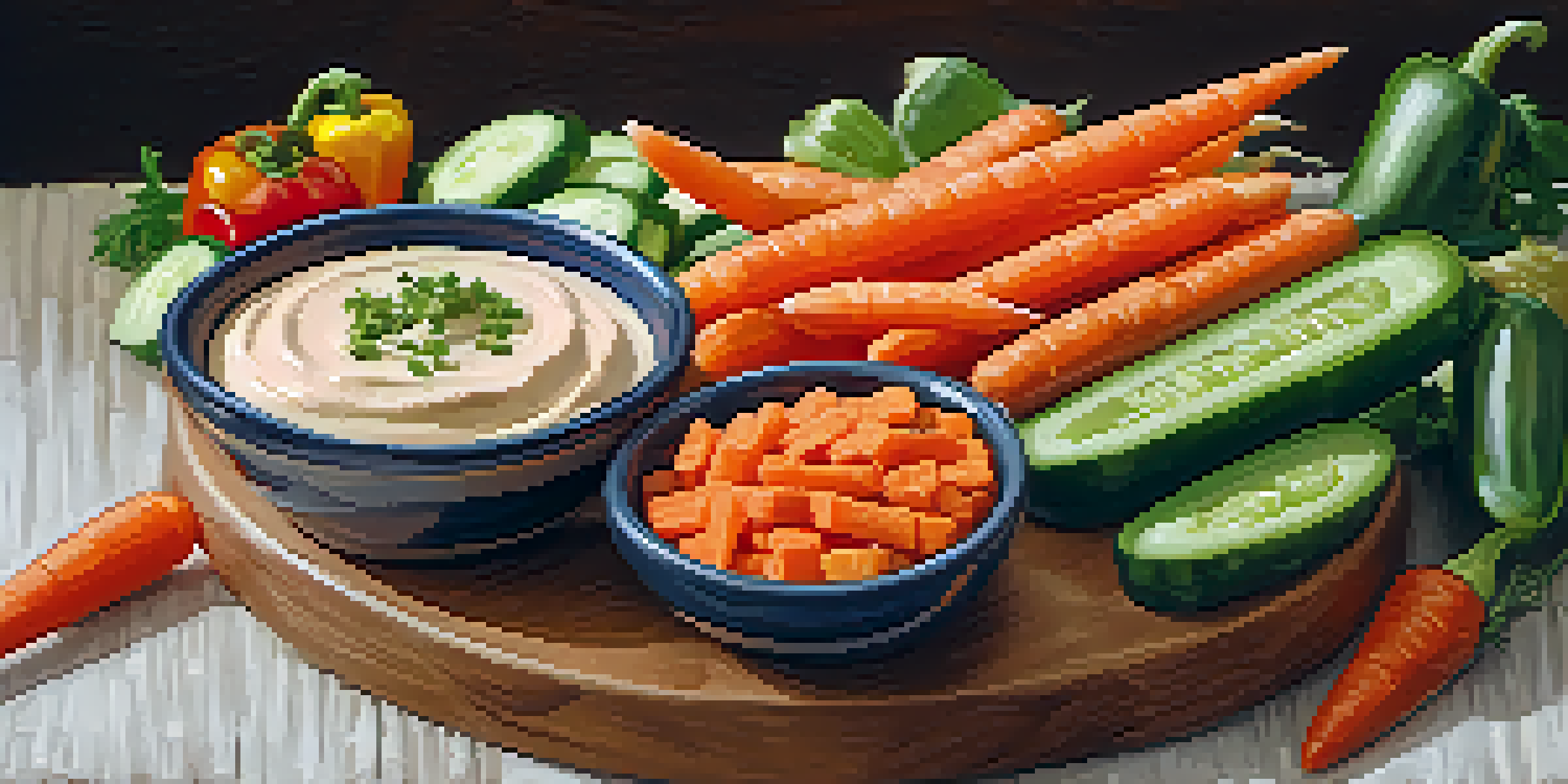 A colorful assortment of crunchy vegetable sticks with a creamy hummus dip in a rustic setting, illuminated by natural light.