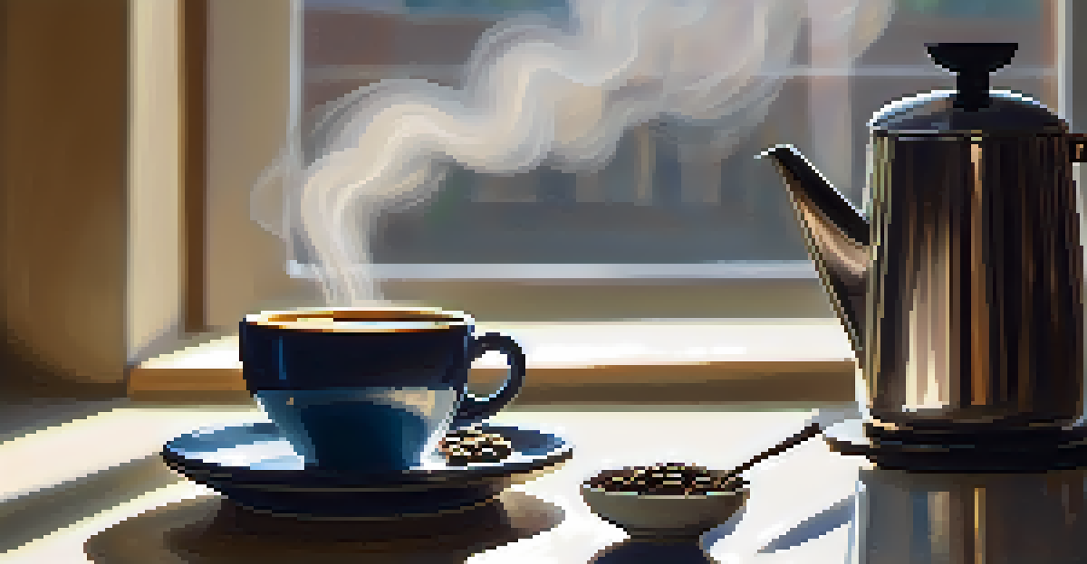 A close-up of a hand holding a steaming cup of coffee in a sunlit kitchen with coffee beans and a French press.