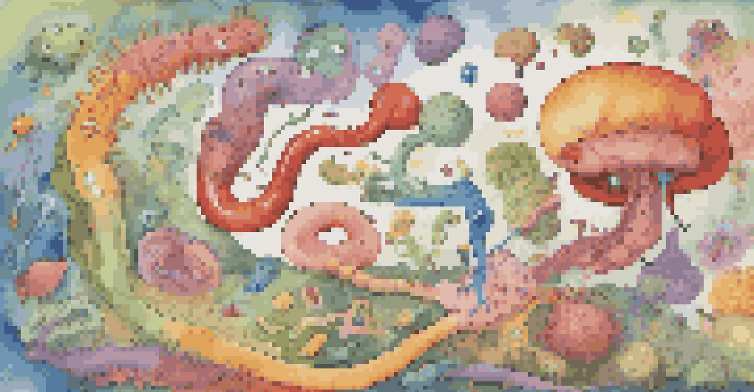 A colorful, cartoonish diagram of the gut microbiome with friendly microorganisms interacting in a stylized human digestive system.