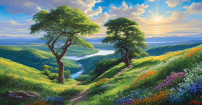 A peaceful valley with a river, wildflowers, and a large tree under a blue sky.