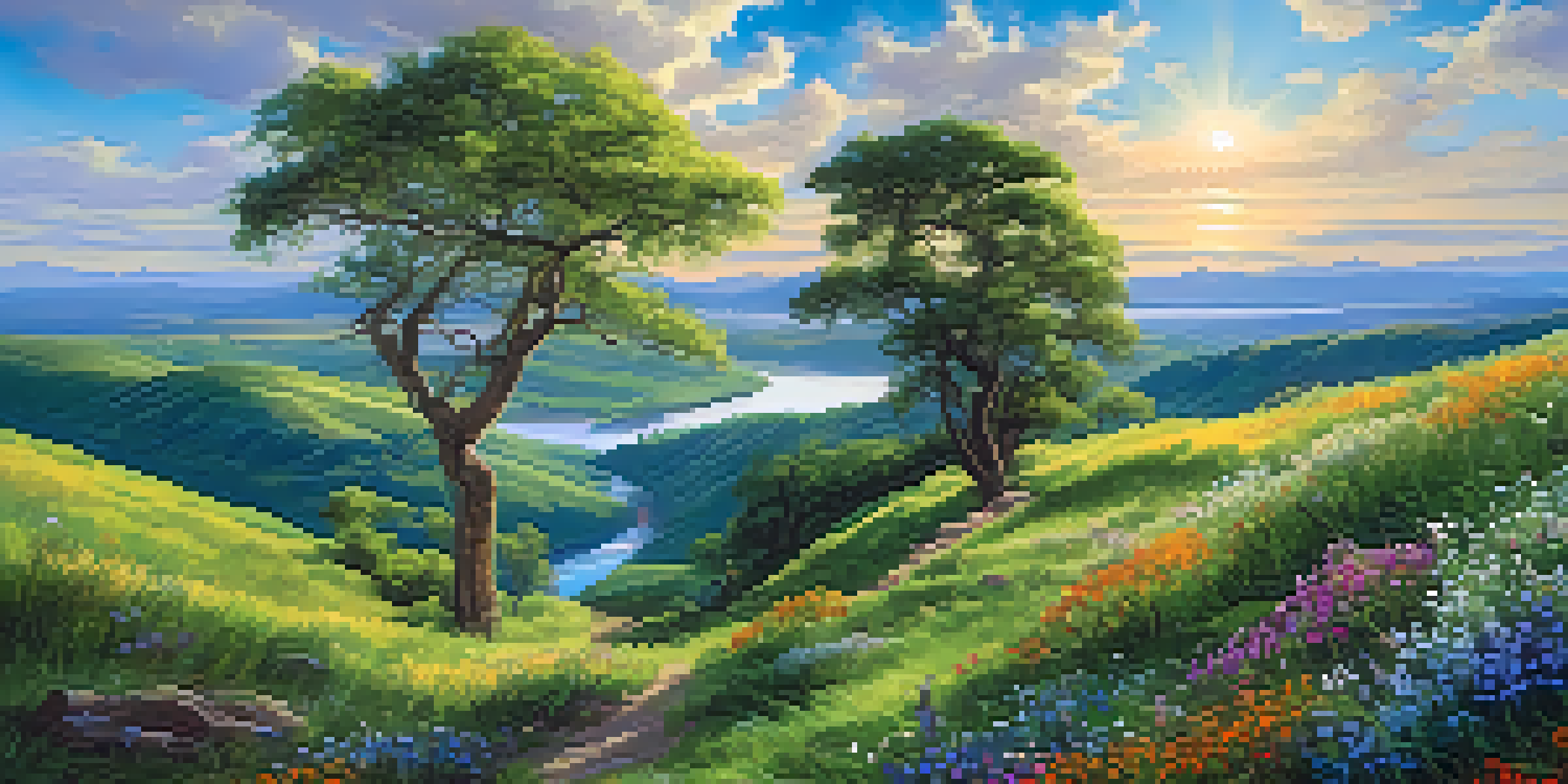 A peaceful valley with a river, wildflowers, and a large tree under a blue sky.