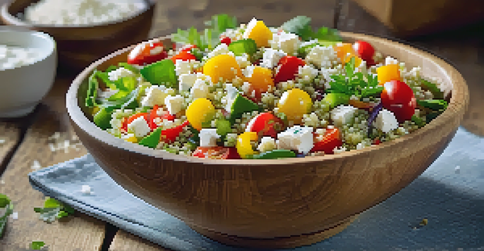 A colorful quinoa salad in a wooden bowl, with diced vegetables and feta cheese, illuminated by soft natural light.