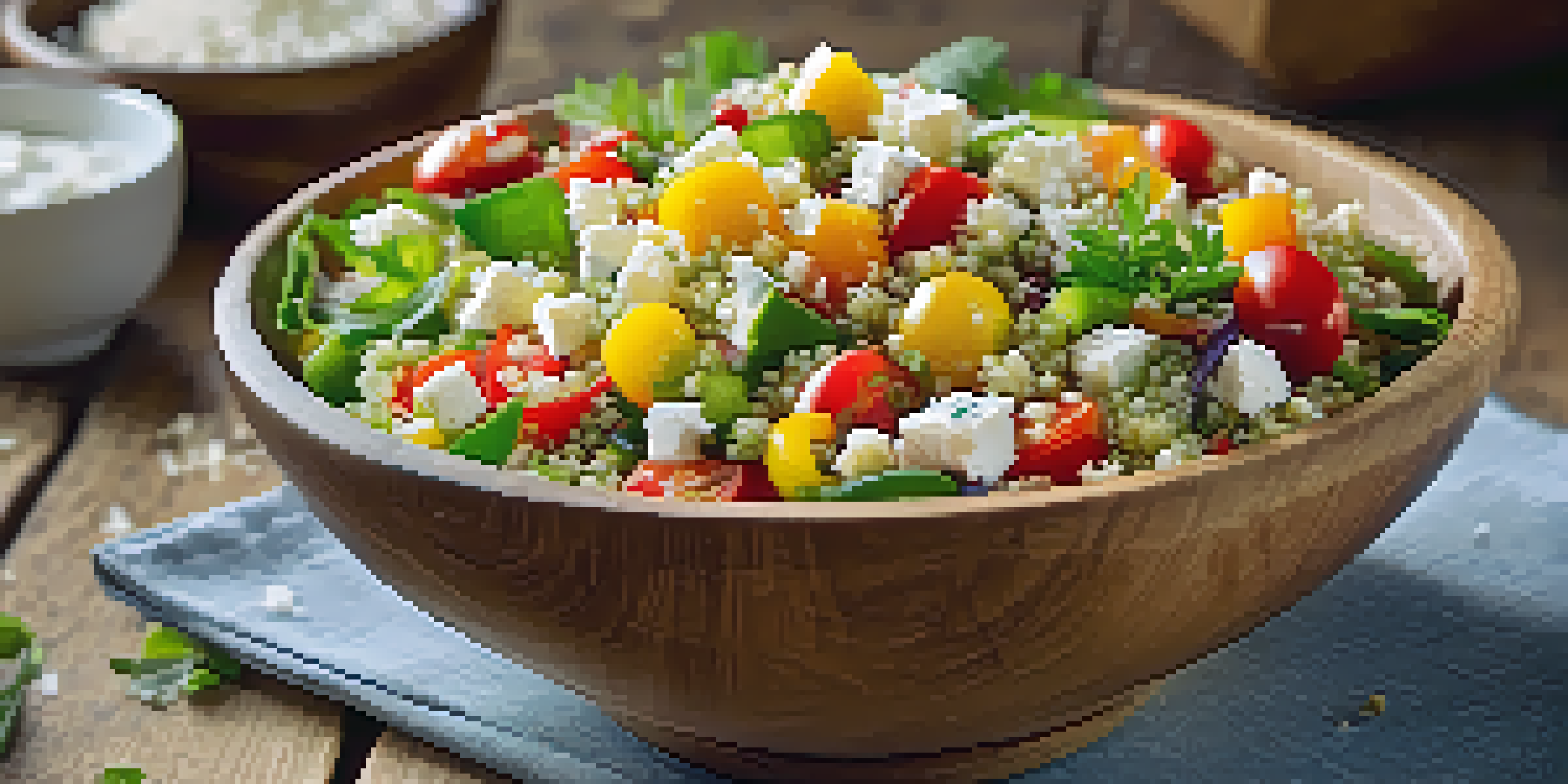 A colorful quinoa salad in a wooden bowl, with diced vegetables and feta cheese, illuminated by soft natural light.