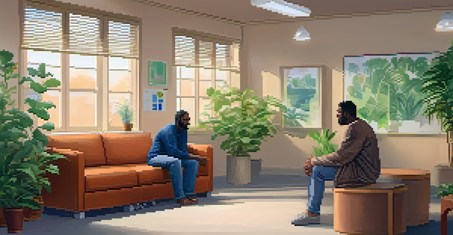 A mental health clinic with a therapist listening to a refugee adult in a calming, culturally inclusive environment.