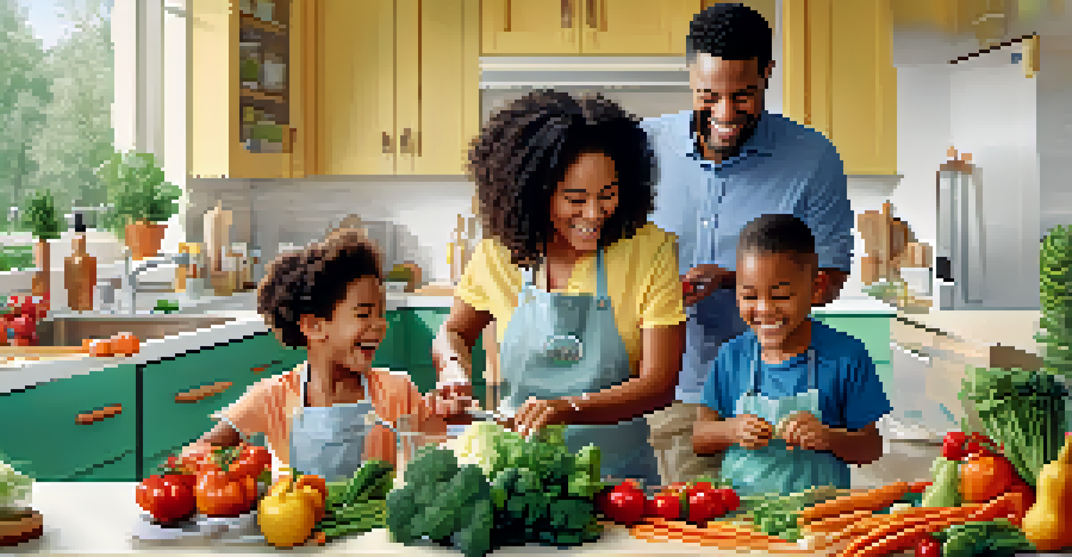 A family happily cooking together in a kitchen, surrounded by fresh vegetables and a hydration chart on the wall.