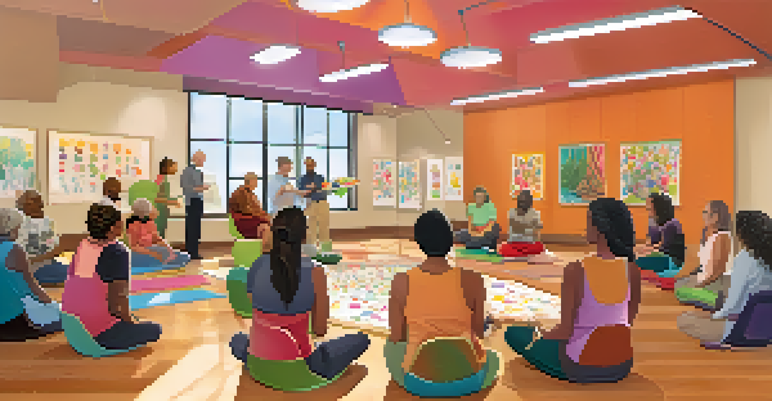 A group of people participating in a wellness workshop, sharing ideas and tips about mind-body therapies in a bright room.