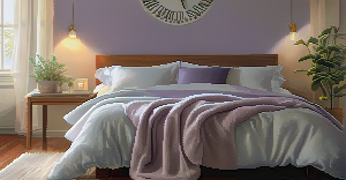 A cozy bedroom featuring a comfortable bed, soft pillows, and warm natural light, creating a peaceful atmosphere for sleep.