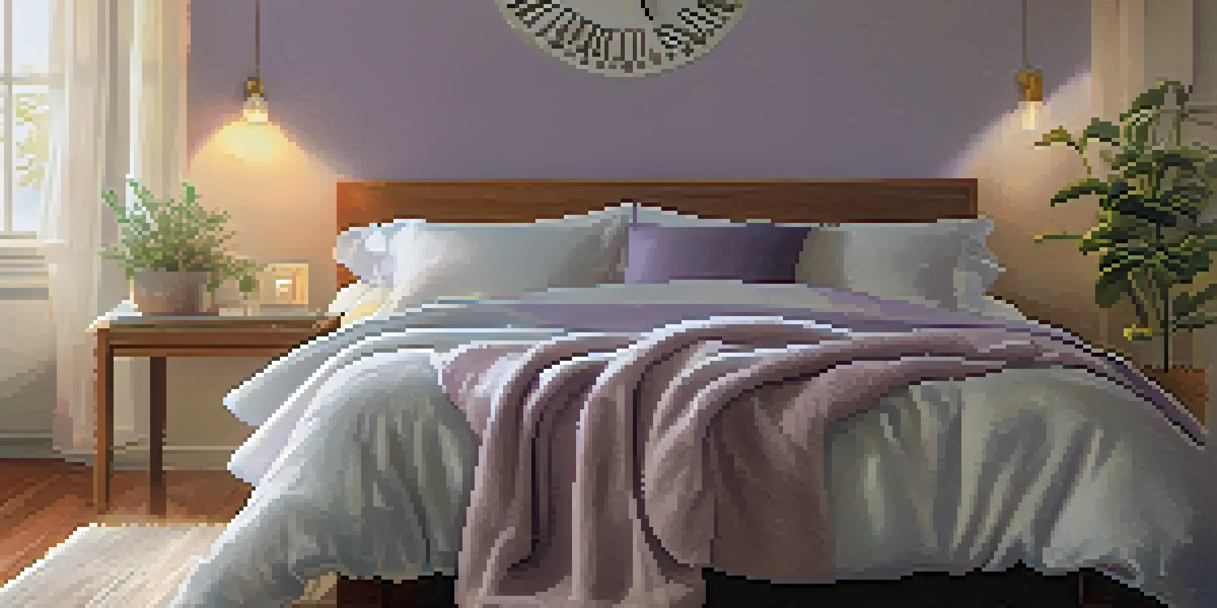 A cozy bedroom featuring a comfortable bed, soft pillows, and warm natural light, creating a peaceful atmosphere for sleep.