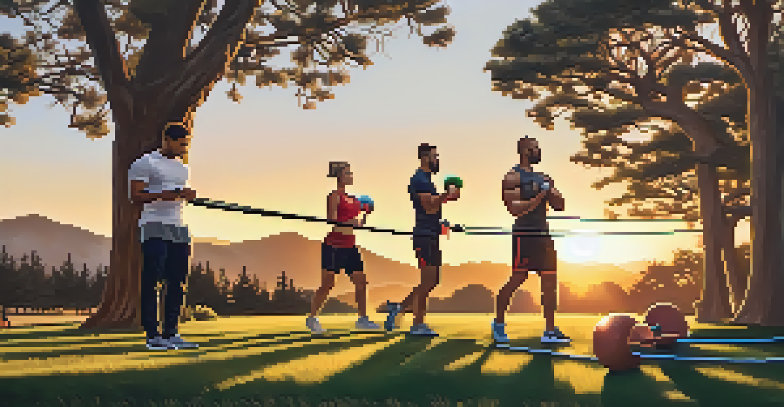 A group of athletes performing resistance training outdoors during sunset.