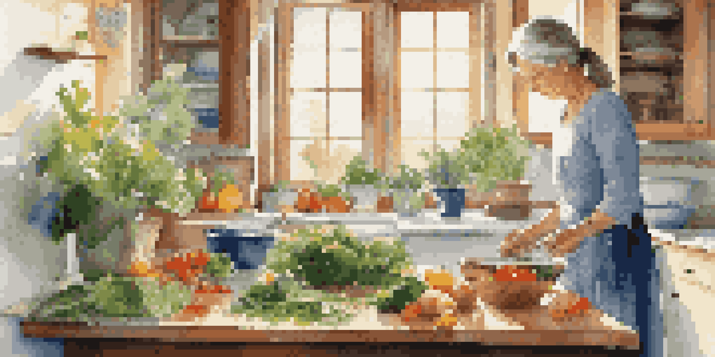 A woman in her late 50s cooking a healthy meal in a bright kitchen, surrounded by fresh vegetables and fish.