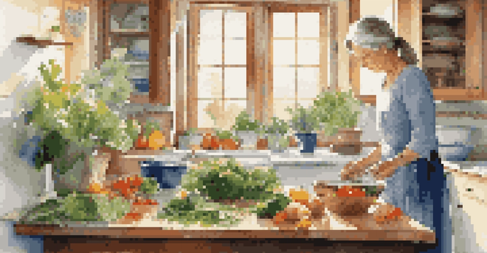 A woman in her late 50s cooking a healthy meal in a bright kitchen, surrounded by fresh vegetables and fish.