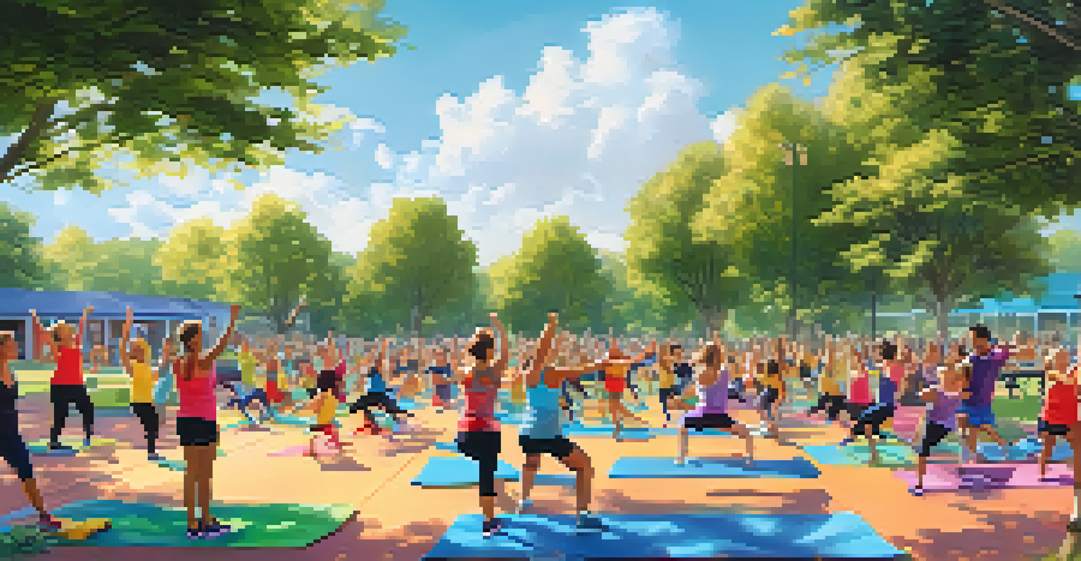 A community fitness class in a park with participants of various ages exercising together under the guidance of an instructor, surrounded by trees and a blue sky.
