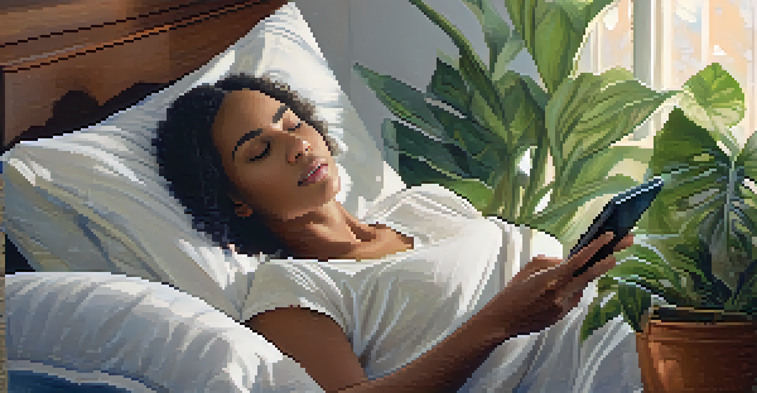 A person checking their sleep tracker on a smartphone in a softly lit room, surrounded by plants and a glass of water.