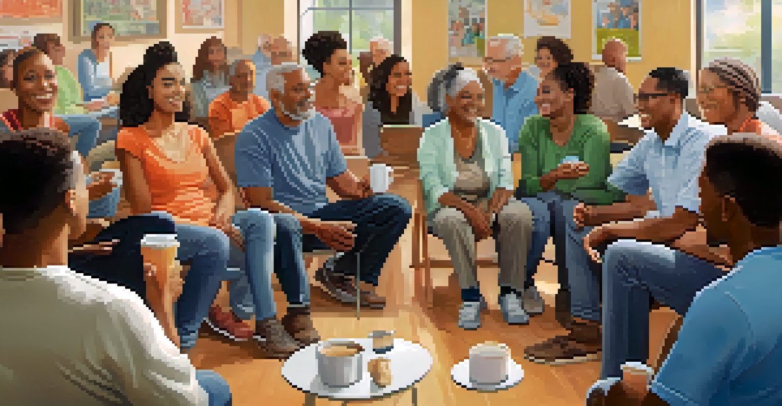 A diverse group of individuals sitting in a circle, engaged in a supportive discussion in a community center.