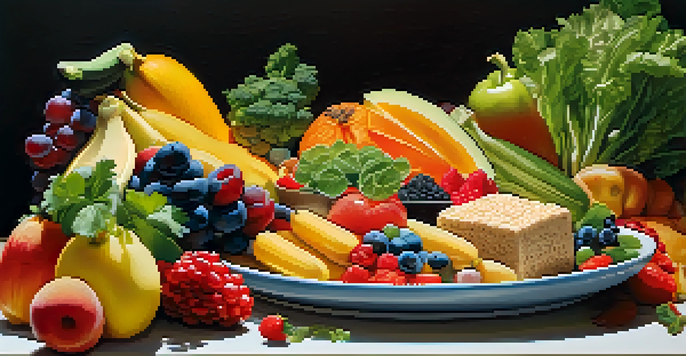 A colorful meal plate featuring a variety of fruits, vegetables, whole grains, and lean proteins, arranged beautifully under natural sunlight.