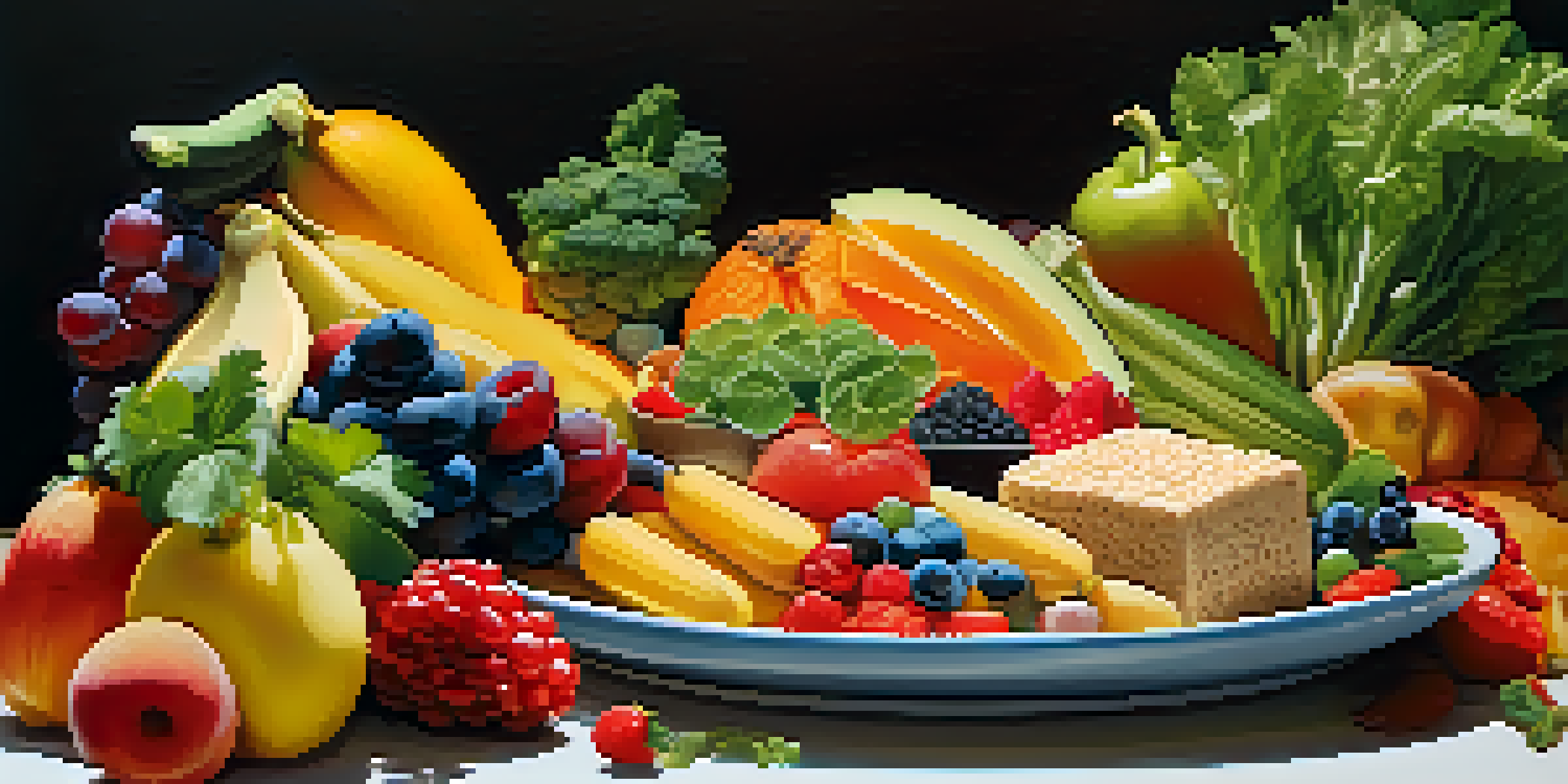 A colorful meal plate featuring a variety of fruits, vegetables, whole grains, and lean proteins, arranged beautifully under natural sunlight.