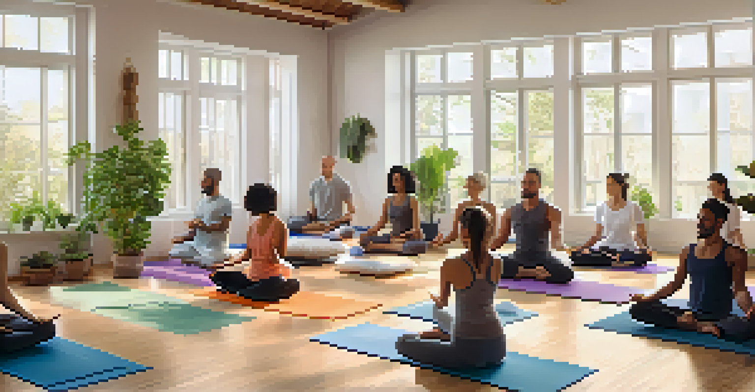 A yoga studio with diverse individuals practicing yoga, surrounded by plants and natural light.