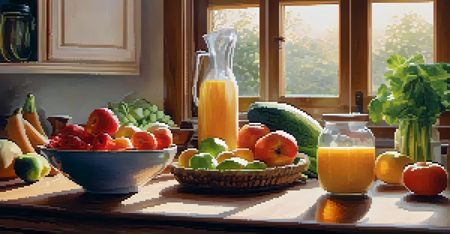 A bright kitchen with fresh produce on the table and a person preparing a healthy meal, symbolizing self-care through nutrition.