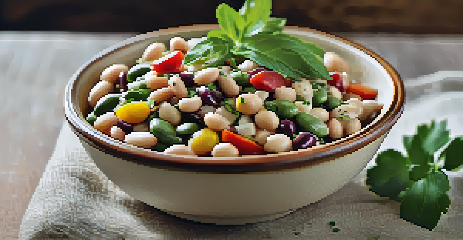 A close-up of a vibrant bean salad in a rustic bowl, featuring a mix of beans, vegetables, and herbs, placed on a textured linen cloth.