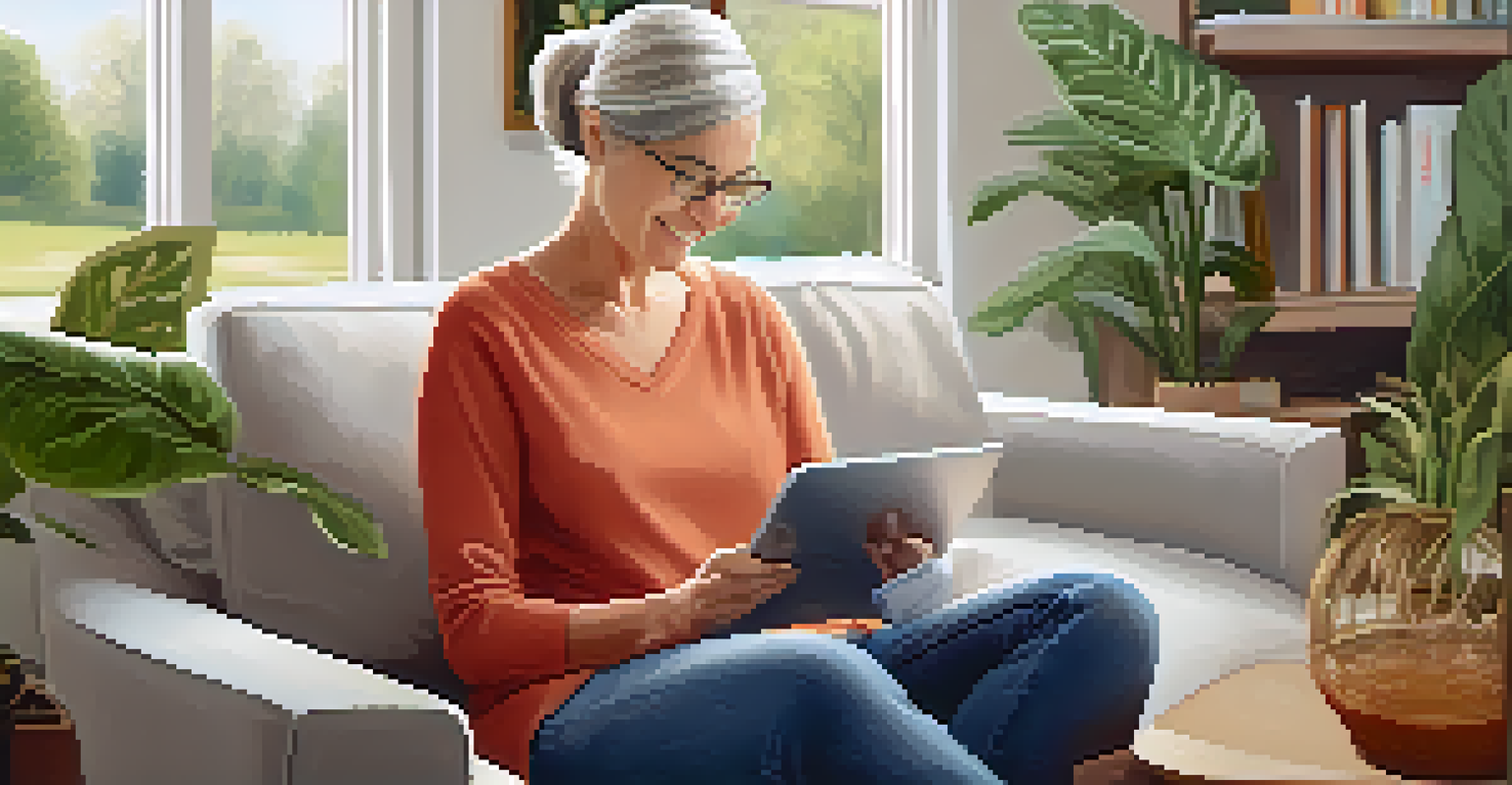 A caregiver using a tablet in a bright living room to organize schedules.